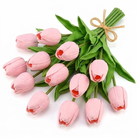 20 Pcs Light Pink Artificial Tulips, 13.5 Inch Lifelike PU Fake Flower Stems, Waterproof Faux Floral Arrangement for Dining Table, Kitchen Island, Spring and Easter Home Decor