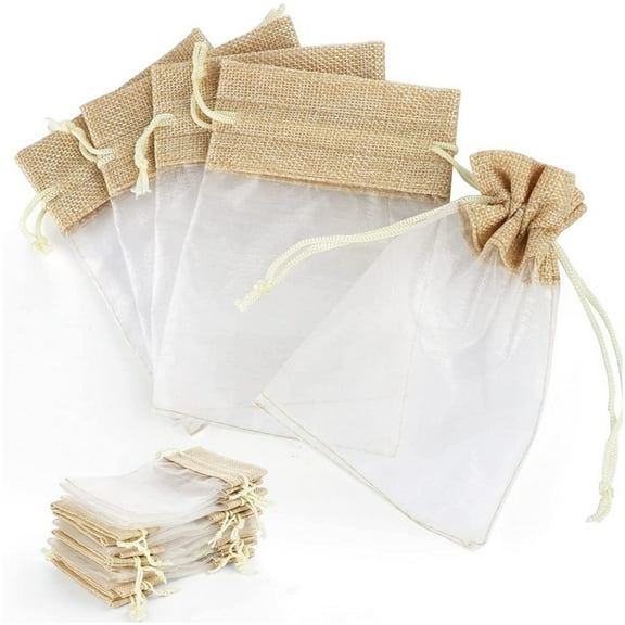 20 Pcs Linen Organza Gifts Bags Portable Organza Burlap Drawstring Bags Organza Gift Bag Treat Bag Favor Pouches Candy Bags Snack Bag for Party Favors, Presents, Samples & Treats Mesh Pouch,4*6 in