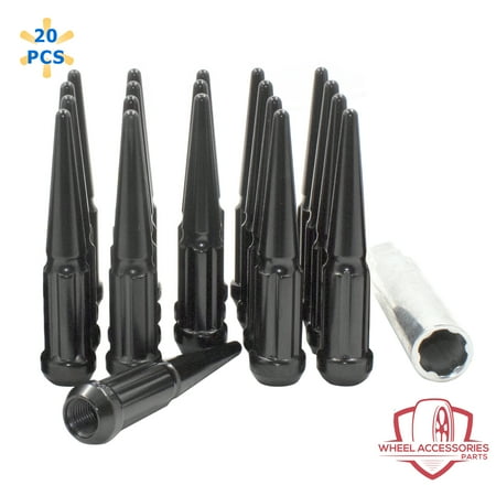 20 Pcs M14 x 1.5 14 x 1.5 Thread Spike Spline Solid Metal 4.40" Long Lug Nuts Black Truck Spline Fits 1990-99 Chevy C1500 | GMC 1500 | RAM 2012-18 1500 | 2019+ 1500 Classic