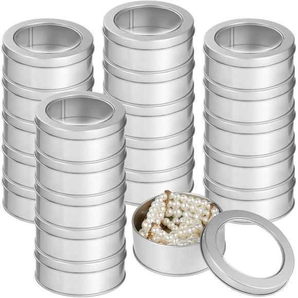 20 Pcs Metal Tin Cans 4 OZ Round Containers with Clear Tops, Empty Food Storage Containers for Storing Candles, Candies, Tea, Silver Tin Cans for Kitchen, Office, Travel