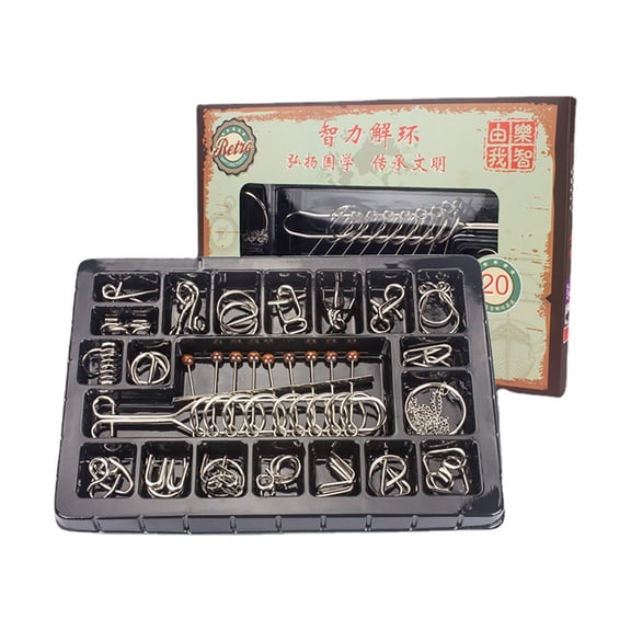 20 Pcs Metal Wire Puzzle Set with Pouch, Brain Teaser IQ Test Puzzles, Disentanglement Interlock Game, Trick Metal Puzzles for Party Favors & Family Game Night,Silver