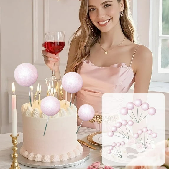 20 Pcs Mini Balloons Cake Topper Sticks Pink Glitter Pearl Insert Foam Balls Cake Picks for Birthday Valentine's Day Anniversary Wedding Cake Decorations