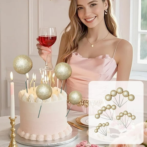 20 Pcs Mini Balloons Cake Topper Sticks Pink Glitter Pearl Insert Foam Balls Cake Picks for Birthday Valentine's Day Anniversary Wedding Cake Decorations