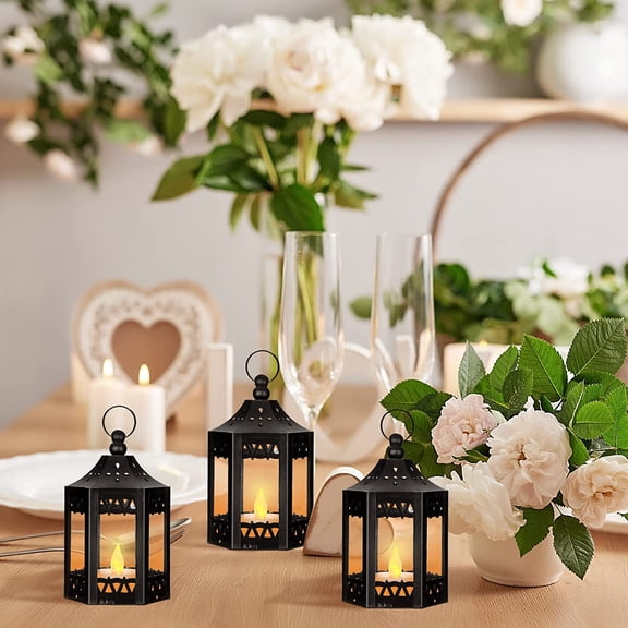 20 Pcs Mini Lantern Centerpiece Vintage LED Decorative Wedding Candles for Table Battery Powered Hanging Tealight for Diwali Wedding Ramadan Home Decor (Black)