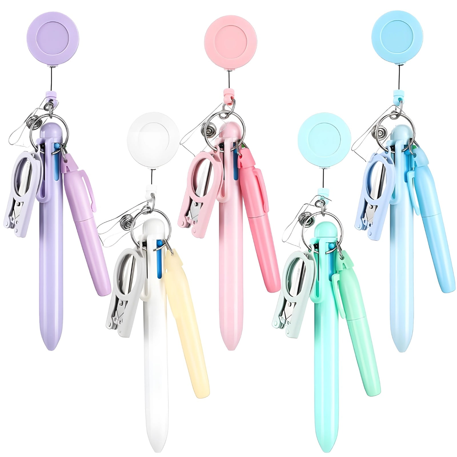 20 Pcs Mini Nurse Pen Set, Nurse Badge Reel Set with Pens & Scissors, Including 5 Retractable Badge Holders, 5 Highlighters, 5 Ballpoint Pens & 5 Foldable Scissors