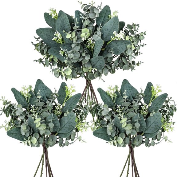 20 Pcs Mixed Artificial Oval Eucalyptus Leaves Bulk with White Seeds Stems and Spray for Vase Floral Wreath Bouquets Wedding Greenery Decoration