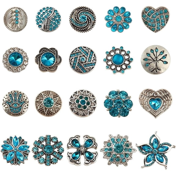 20 Pcs Mixed Style Rhinestone Snap Buttons Blue Jewelry Charms Ginger Buttons Crystal Press Buttons Snap Charms for Necklace Bracelet Jewelry Making DIY