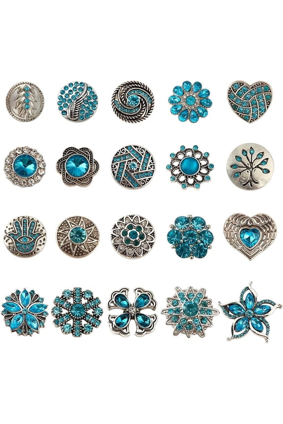 20 Pcs Mixed Style Rhinestone Snap Buttons Blue Jewelry Charms Ginger Buttons Crystal Press Buttons Snap Charms for Necklace Bracelet Jewelry Making DIY