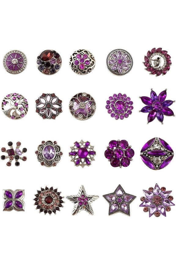 20 Pcs Mixed Style Rhinestone Snap Buttons Purple Jewelry Charms Ginger Buttons Press Buttons Snap Charms for Necklace Bracelet Jewelry Making diy