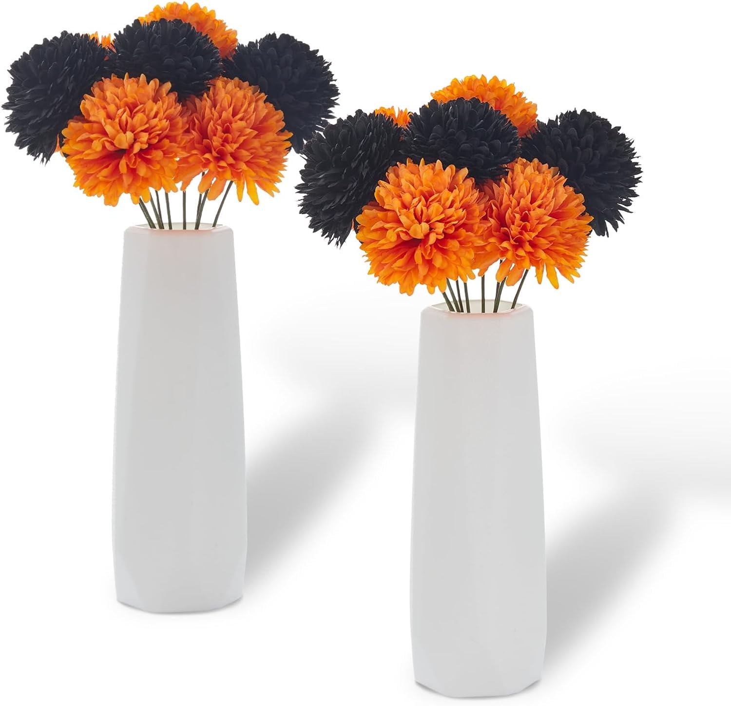 20 Pcs Mums Artificial Flowers, Fake Fall Flowers with 2 White Vases, Silk Chrysanthemum Centerpiece Table Decorations for Halloween, Gothic Wedding, Christmas, Home Decor, Black & Orange