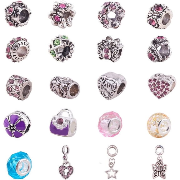 20 Pcs Murano Glass Beads Rhinestone Spacers Metal European Beads Dangle Pendant Charms Fit Snake Style Charm Bracelet Mixed Colors Colorful DIY