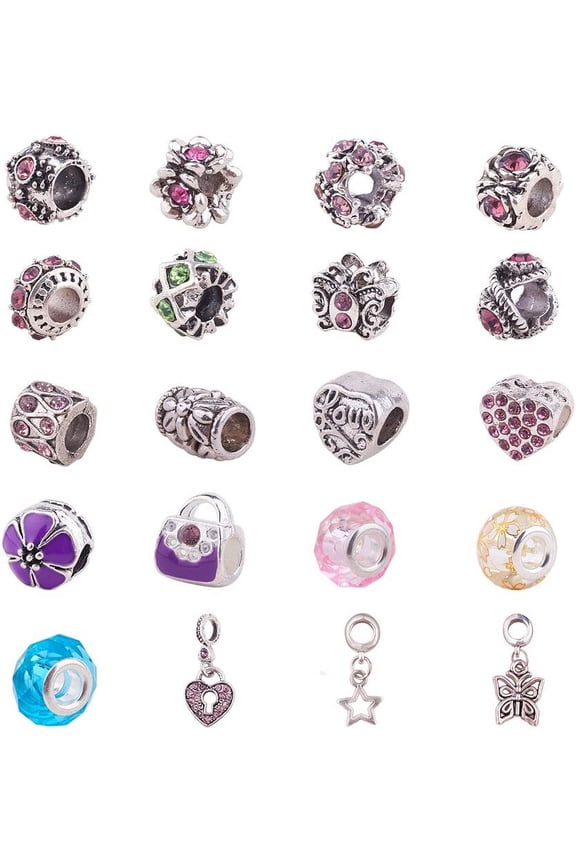 20 Pcs Murano Glass Beads Rhinestone Spacers Metal European Beads Dangle Pendant Charms Fit Snake Style Charm Bracelet Mixed Colors