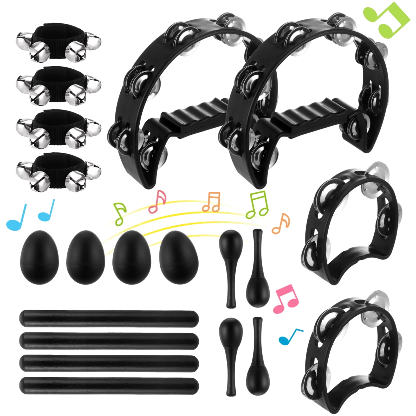 20 Pcs Musical Percussion Instrument Set with Large Tambourine, 4-Bell Tambourine, Maracas, Egg Shakers, Percussion sticks, and Wrist Jingle Bells, Black Plastic Instrument for Bar, Party, Stage