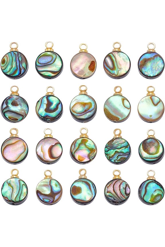 20 Pcs Natural Abalone Shell Charms Flat Round Paua Shell Connectors Pendants with Storage Containers