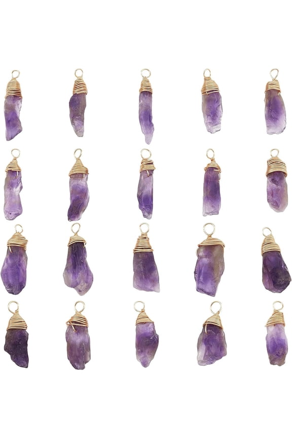 20 Pcs Natural Amethyst Crystal Pendant Real 18K Gold Plated Wire Wrapped Amethyst Crystal Gemstone Pendant Without Chain Irregular Natural Gemstone Pendant for Jewelry Making