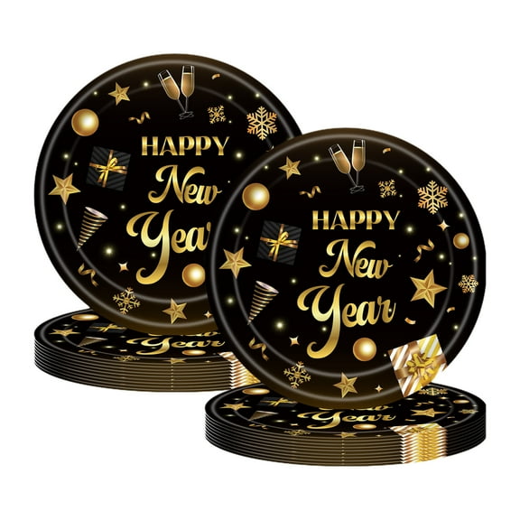 20 Pcs New Year Paper Plates, Oval Disposable Party Tableware in Black and Gold, Dessert Plates for Holiday Celebration and Birthday Party(A,7")