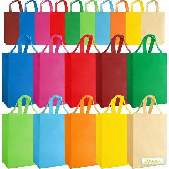 20 Pcs Non Woven Tote Bags Large Reusable Gift Grocery Foldable Fabric Shopping Bags Multi Color Party Treat Reusable Goodie Totes with Handles for Party Holiday Favor, 14 x 10 x 4 In