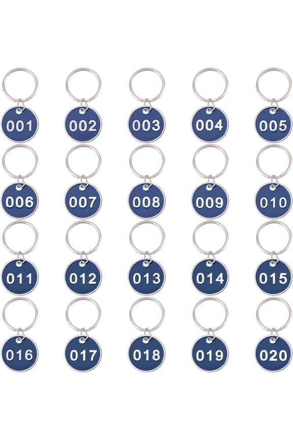 20 Pcs NumberedTags 001~020 Numbered HangTags Flat Round NumberedTags Alloy Metal KeyTag with Iron Key Ring for Luggage Labels IDTag Number Markers Blue DIY