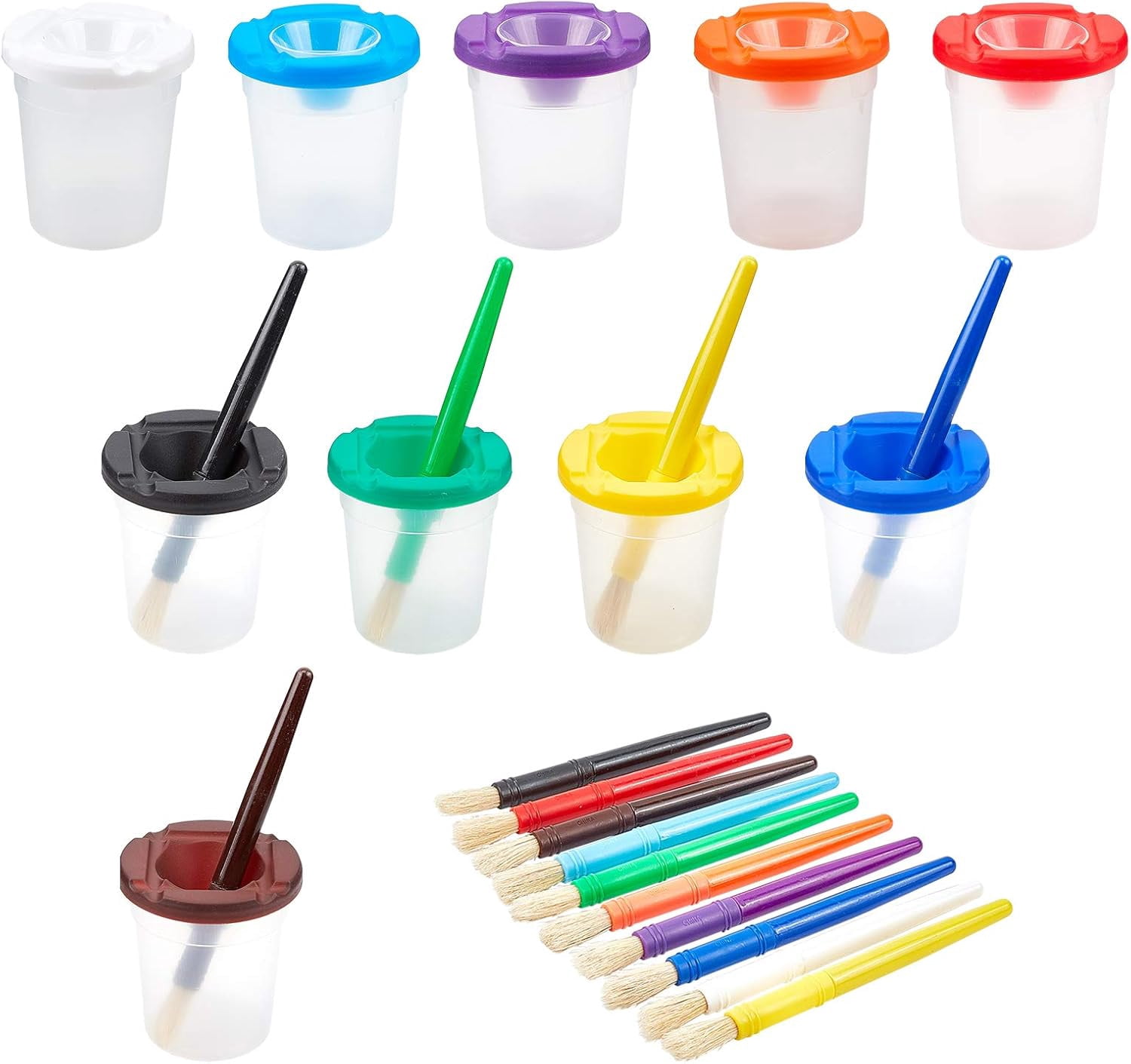 20 Pcs Painting Brushes Pens Set 10 Pcs Plastic Pen Cup and 10 Pcs Painting Brushes Pens Paint Cups Multipack for Painting Supplies Colorful