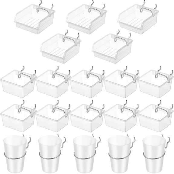 20 Pcs Pegboard Bins and Cups Set with Hooks and Loops, Clear Organizer Accessories for Garage Storage, Workshop, Workbench and Office Tool Organization