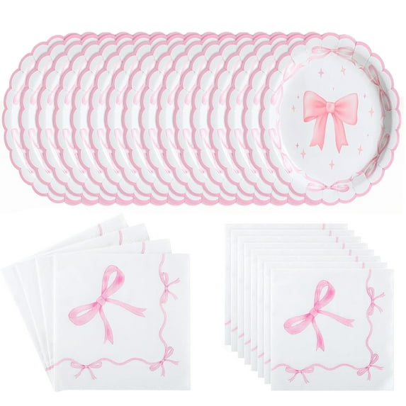 20 Pcs Pink Bow Party Supplies Disposable Tableware Set, Bexikou Pink Bow Plates and Napkins Kit for Bridal Engagement Baby Shower Birthday Party Decorations