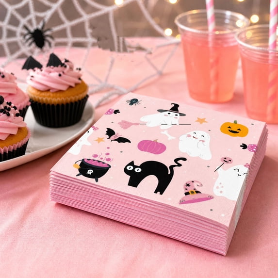 20 Pcs Pink Halloween Paper Napkins, Cute Disposable Party Napkins for 20 Guests, Pastel Spooky Ghost Baby Shower Birthday Party Supplies
