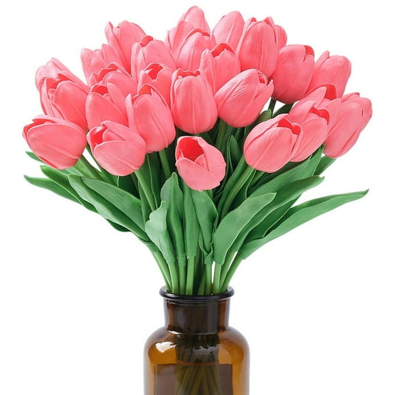 20 Pcs Pink Tulips Fake Artificial Flowers Real Touch 14" Silk Flower for Outdoors Home Kitchen Living Room Decor Faux Plants Spring Easter Wedding Bouquet Decorations Office Valentine's Day Gifts