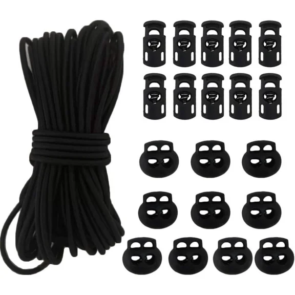 20 Pcs Plastic Cord Locks With 50ft 1/8 Inch Elastic Round String Black Spring Toggle Slider Stopper