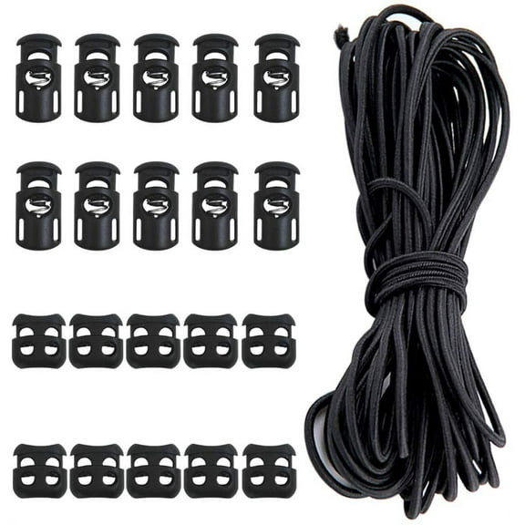 20 Pcs Plastic Cord Locks kit Elastic Bungee Nylon Shock Cord 1/8" 50 ft Lengths, DaKuan 10 Pcs Sing-Hole, 10 pcs Double-Hole (Black) End Spring Toggle Stopper Slider with Crafting Stretch S