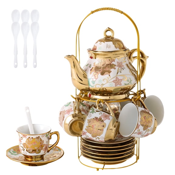 20 Pcs Porcelain Tea Set for Adult, with Metal Holder,European Ceramic Tea Party Set for Women, Floral English Teapot Cups Saucers Spoons, Vintage Tea Set Gift