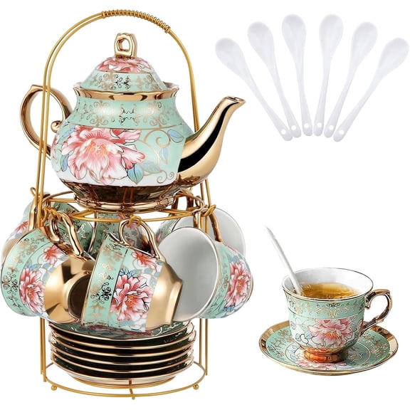 20 Pcs Porcelain Tea Set with Metal Holder, Adult Tea Set Gift, European Ceramic Tea Set for Adults, Flower Tea Cup Saucer Set for Party With Gold Flower Painting