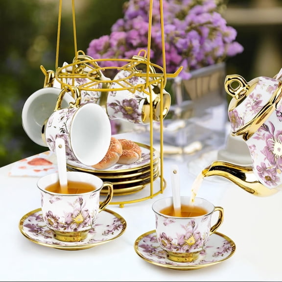 20 Pcs Porcelain Tea Set with Metal Holder, European Ceramic Tea Set for Adults, Adult Tea Set Gift, Flower Tea Cup Saucer Set for Party With Gold Flower Painting (Elegant /500ml)