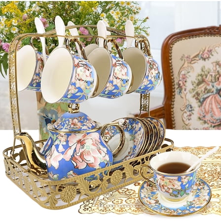 20 Pcs Porcelain Tea Set with Metal Holder,European Flower Adult Ceramic Tea Party Set for Women,1000ML Teapot, Beautiful Coffee Tea Cup Set for Home&Party(Blue)