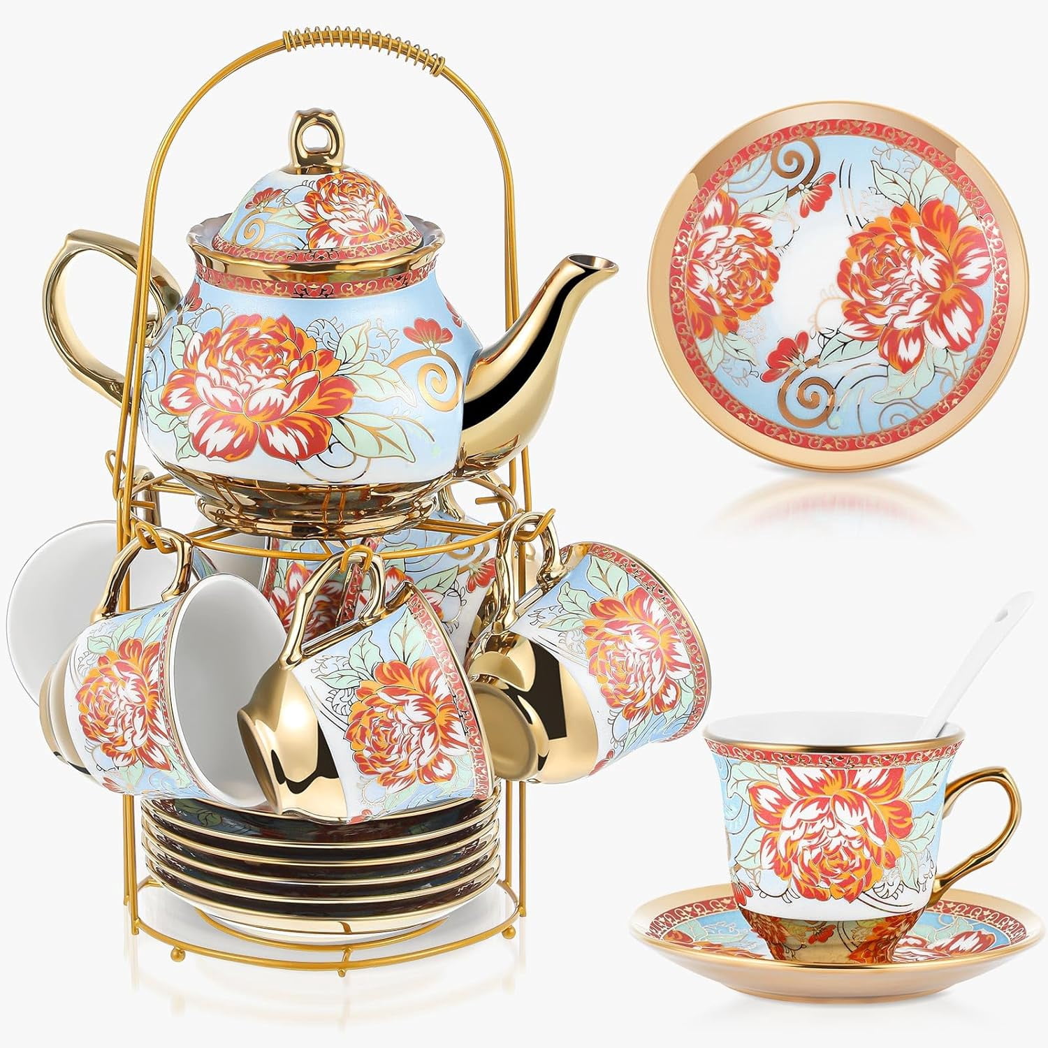 20-Piece Porcelain Tea Set With Metal Stand - European Floral Design, Teapot & Cups For Parties, Gifts