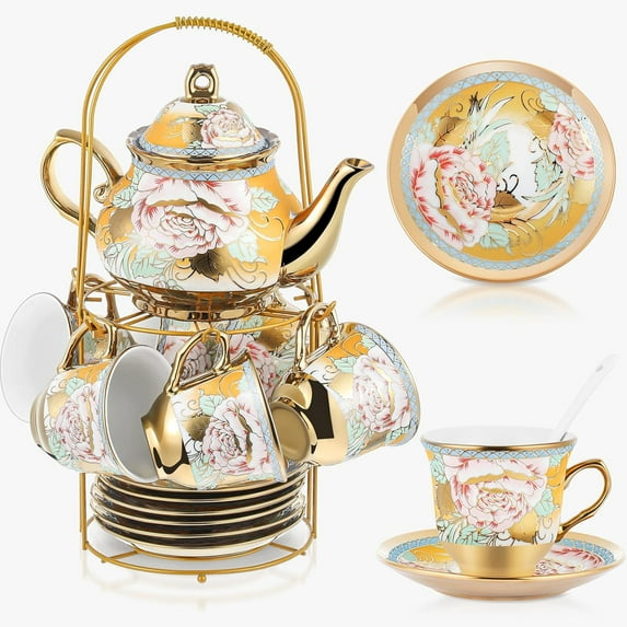 20 Pcs Porcelain Tea Set with Metal Holder and Spoon Adult Ceramic Tea Party Set European Flower Painting Teapot Cup Saucer Spoon Set for Women, Large Version(Fresh Style)