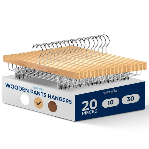 20 Pcs. Premium Wooden Pants Hangers - Heavy Duty Hanger Set with Chrome 360° Swivel Hook and Adjustable Steel Clips, Ideal for Jeans, Slacks, Skirts, and Shorts (Natural)