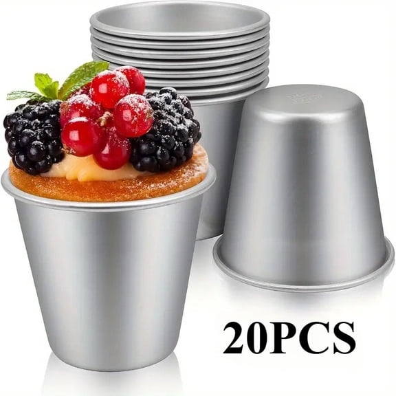 20 Pcs Pudding Mold, Reusable Popover Pans, Aluminum Baking Cups Round Shape Jelly Dessert Cups, Individual Aluminum Muffin Tins Chocolate Molten Brownie Tumbler Souffle Cupcake Moulds