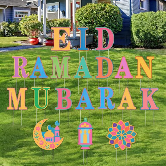 20 Pcs Ramadan Mubarak Yard Signs 17 Letters 3 Patterns with Stakes Outdoor Eid Islamic Festival Celebration Party Decorations for Home Cheerful Ramadan (Novel Style,Multicolor)