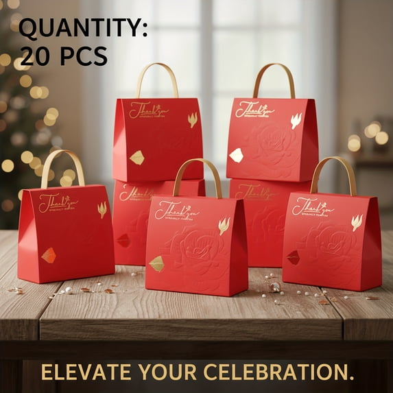 20 Pcs Red Gift Bags with Gold Handles, Small Paper Party Favor Bags for Candy Wedding Favors Birthday Gifts Thank You Bags Mini Treat Bags for Celebrations Events and Guest Souvenirs