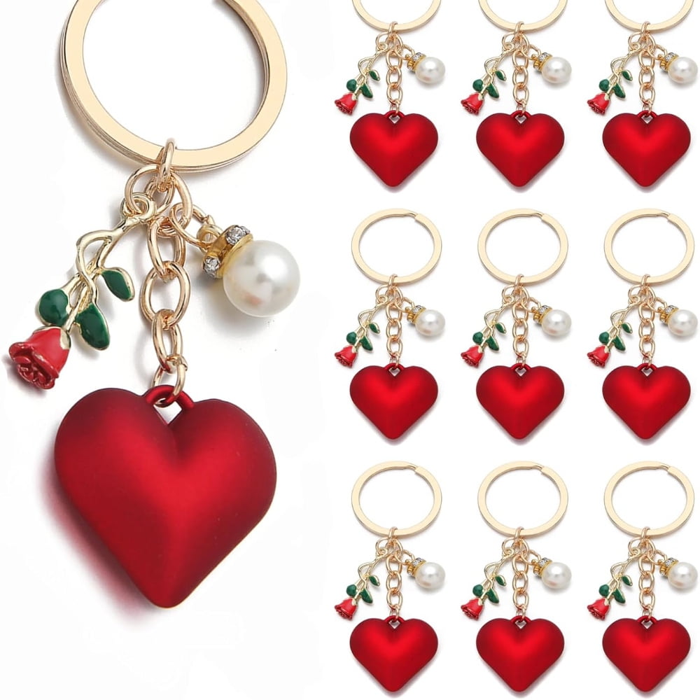 20 Pcs Red Heart Keychain Set - Romantic Rose Keychain with Gold Key Ring, Ideal Valentines Keychain Bulk for Bag Charms, Heart Bag Charm, and Valentine's Day Gifts