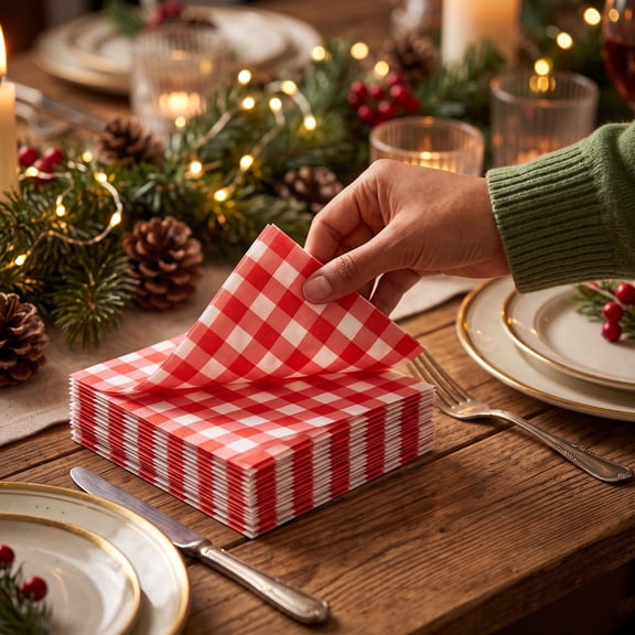 20 Pcs Red Plaid Paper Napkins 6.4 Inch, Fall Autumn Party Napkin, Thanksgiving Halloween Christmas Holiday Dinner Table Supplies