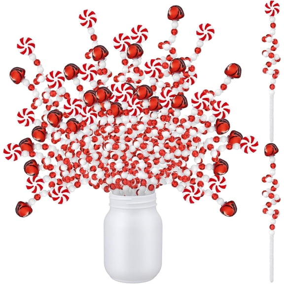 20 Pcs Red White Christmas Tree Decoration, Bell Candy Shape Christmas Curly Pick Ornaments Lollipop Picks, Xmas Tree Picks Decorations for Wreaths Home Office Party