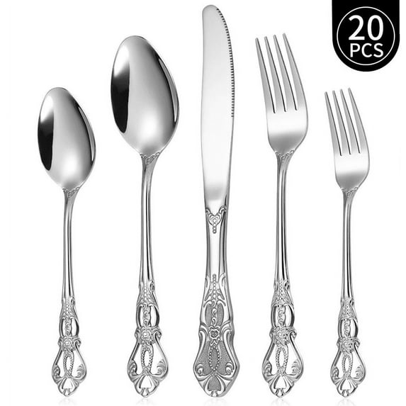 20 Pcs Retro Royal Silverware Set for 4,Gorgeous Silver Flatware Set with Steak Knives,Premium Stainless Steel Vintage Cutlery Set with Forks Spoons and Knives,Dishwasher Safe