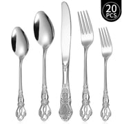 20 Pcs Retro Royal Silverware Set for 4,Gorgeous Silver Flatware Set with Steak Knives,Premium Stainless Steel Vintage Cutlery Set with Forks Spoons and Knives,Dishwasher Safe