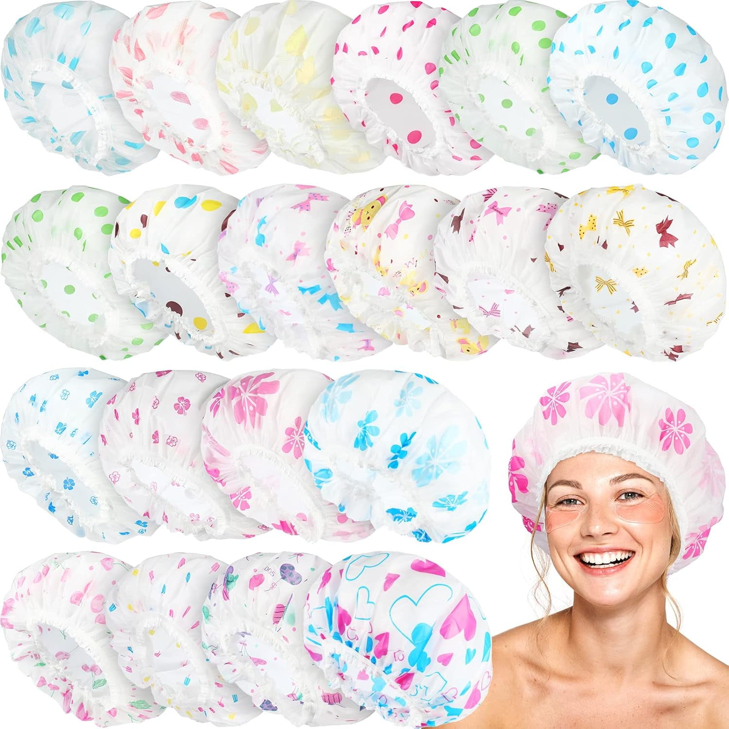 20 Pcs Reusable Plastic Shower Caps for Women, Bulk Waterproof Bath Hair Bonnets with Elastic Band Assorted Colors Home, Salon & Spa
