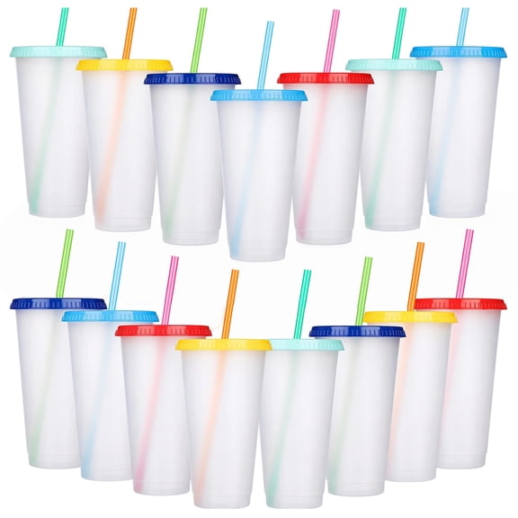 20 Pcs Reusable Plastic Travel Cups with Lids and Straws, 24 oz Iced Coffee Tumblers Set with Colorful Lids, BPA Free Lightweight Drinking Cups for Party Camping Birthday Gift Use