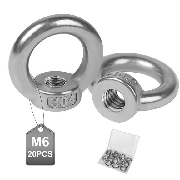 20 Pcs Ring Nuts M6, Kvago 304 Stainless Steel Eye Nut, Lifting Eye Nuts Female Threaded Fastener for Attaching Hanging Ornaments, Flower Pots, Swing Stands, Rope Mounting