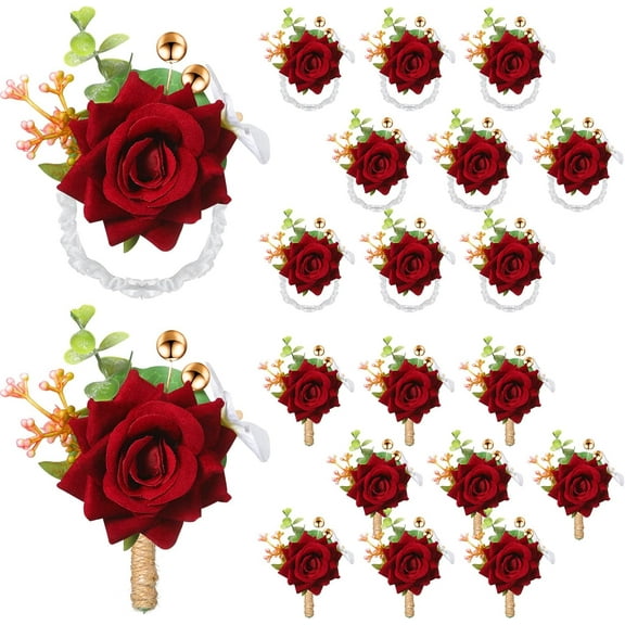 20 Pcs Rose Wrist Corsage and Boutonnier Set Flower Wrist Corsage Wristlet Band Bracelet Wedding Bridegroom Men's Boutonniere Wristlet Hand Flower for Wedding Bouquets Supplies (Red)