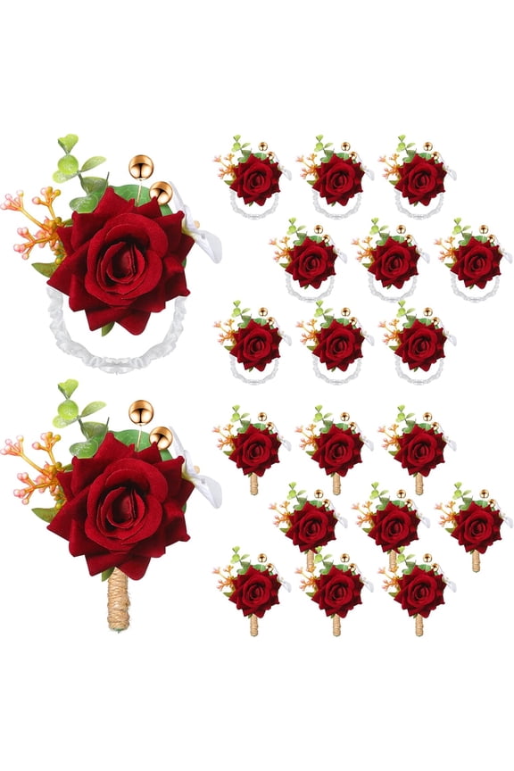20 Pcs Rose Wrist Corsage and Boutonnier Set Flower Wrist Corsage Wristlet Band Bracelet Wedding Bridegroom Men's Boutonniere Wristlet Hand Flower for Wedding Bouquets Supplies (Red)