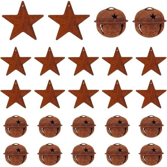 20 Pcs Rusty Metal Jingle Bells Vintage Rusty Bells 20 Pcs Rustic Metal Star Retro Tree Supplies Kit Crafts for Christmas Tree Wreath Holiday Home House Room Decoration 1.85x1.85 InchClear